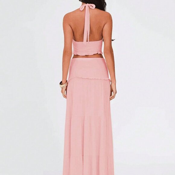 Pink Elegant Women's Ruched Ruffled Slim Halter Crop Top & Skirt Set - Picture 4 of 4